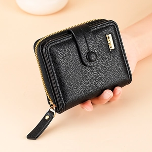 Women Short Wallet Lychee Pattern PU Leather Multi-functional Card Slots Zipper Coin Pocket Elegant Purse