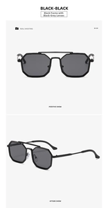 Close-up of steampunk polygonal metal sunglasses with double bridge and dark gray lenses