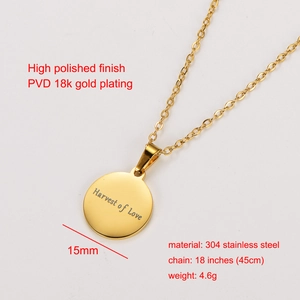 18k gold plated stainless steel necklace with Harvest of Love engraved round pendant