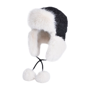 Winter thermal trapper hat for women with knit shell and plush faux fur lining