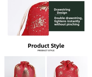 Detail of red linen Christmas gift bag with gold foil tree patterns and drawstrings