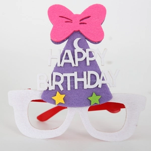 Close-up of a colorful felt birthday hat glasses frame with Happy Birthday lettering