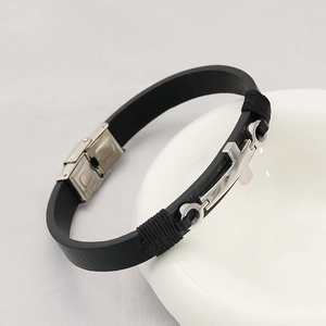 Handmade woven black leather bracelet with silver metal cross and anchor buckle
