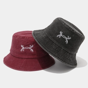 Washed cotton bucket hats in burgundy and grey with embroidered deer antlers design