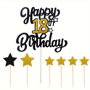 Black and gold Happy 18th Birthday cake topper set with glitter stars on white background