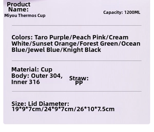 Detail showing 1200ml stainless steel cup specifications and 316 steel material info
