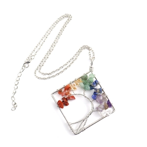 Handmade wire-wrapped tree of life pendant necklace with colorful chakra natural stones