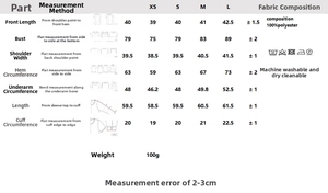 Size chart for women's plaid tiered shirt detailing shoulder, bust, and sleeve measurements