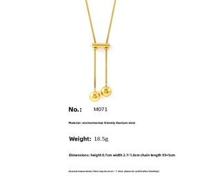 Detailed specs of long gold tassel necklace in titanium steel with polished finish