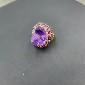 Unique natural amethyst druzy ring with colorful crystal halo on a gold-plated band