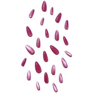 Pink cat eye almond press-on nails set with glitter gradient finish on white background