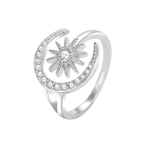 Adjustable sun and moon open ring in silver finish with pavé set cubic zirconia