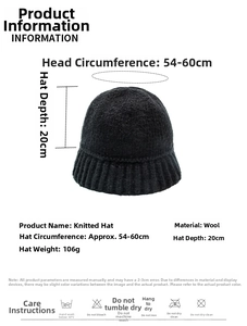 Size chart for women's knitted bucket hat showing dimensions and washing instructions