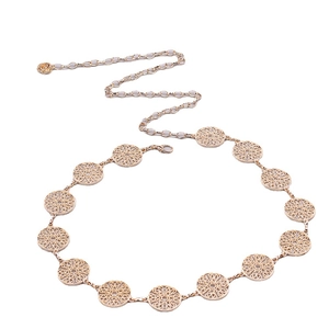 Elegant gold hollow flower metal waist chain belt with lobster clasp on white background