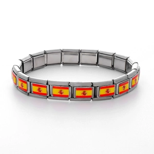 Detail of Italian style stainless steel modular link bracelet with Spanish flag charms