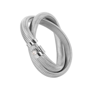 Macro view of silver Tubogas snake bracelet with dual wrap design and zircon inlay