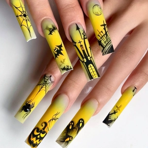 Halloween Press On Nails Long Coffin Matte Yellow Green Gradient Pumpkin Spider Web Bat Ghost Pattern False Nails
