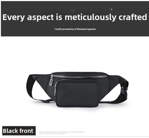 Front detail of black waterproof nylon waist bag with metal zippers and adjustable strap