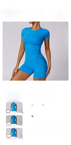 Bright blue tight yoga short sleeve top and high waist sports shorts on a tall model