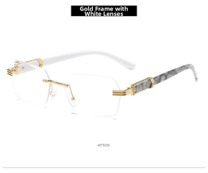 Frameless fashion glasses with gold metal joints and asymmetric white marble temples