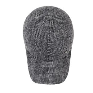 Winter baseball cap for elderly men with windproof ear flaps and fleece lining in grey plaid