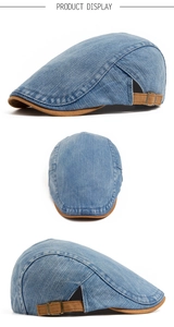 Three-view display of a washed denim flat cap with brown suede details and metal buckle