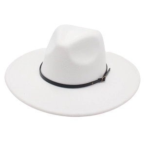 Classic white wide brim wool fedora hat with a black leather band and gold buckle