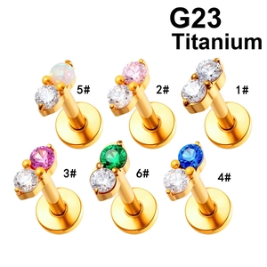 Set of 6 golden G23 titanium labret studs with colorful zircon and opal insets