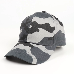 Detail view of cotton camo baseball cap showing grey camouflage pattern and curved brim