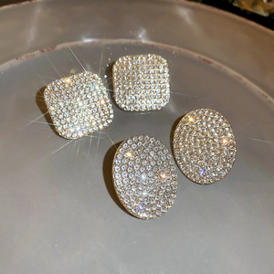 Sparkling geometric square and round stud earrings with full pavé crystals in gold setting
