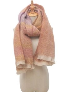 Detailed view of the pink and beige gradient plush scarf with long decorative tassels