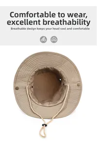 Detail view of khaki sun hat with breathable mesh lining and adjustable windproof rope
