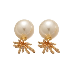 Elegant gold-plated firework earrings with zircon and pearls on white background