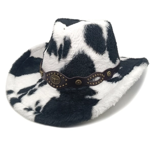 Western Cowboyhut Kuhmuster Kunstfell Breite Krempe Retro Ethno Stil Winter Plüsch Kopfbedeckung Mit Metallschnalle