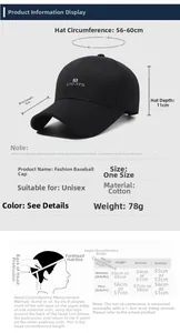 Size chart showing baseball cap dimensions including 56-60cm circumference and 9cm brim