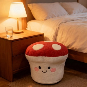 Close-up of a plush mushroom cushion with embroidered face in a cozy bedroom setting