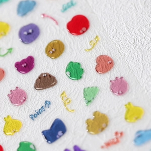 Colorful 3D jelly nail art stickers featuring cute cartoon bears and heart shapes
