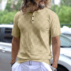 Men's polo shirt in apricot with textured small check fabric and classic lapel collar