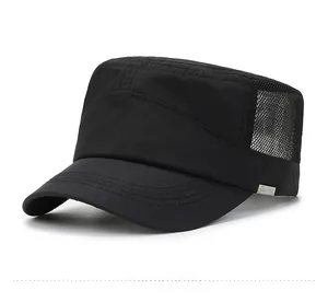 Detail view of black quick-dry military flat cap featuring breathable mesh side panels