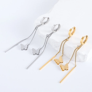Butterfly Tassel Drop Earrings 304 Stainless Steel With Rhinestone Frosted Animal Charm Asymmetric Dangle For Women