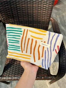 Corduroy Makeup Bag For Women Floral Abstract Stripe Pattern Large Capacity Portable Cosmetic Organizer Pouch Zipper