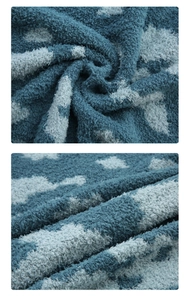 Macro detail of soft blue and white coral fleece fabric showing plush texture and warmth