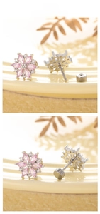Macro view of pink zircon flower earring with secure screw back and silver finish