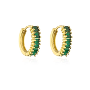 Pair of 18K gold plated hoop earrings featuring rectangular emerald green zircon stones