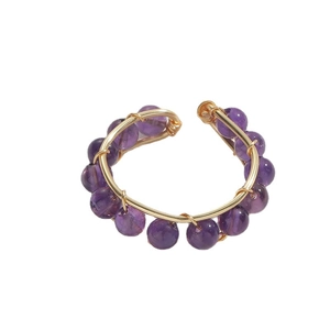 Handmade 14K gold-plated beaded amethyst ring with bohemian wire-wrapped open design