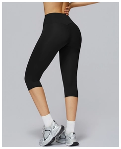 Detailed view of high-waist slimming black yoga capri pants for fitness training