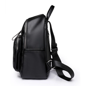 Fashionable black faux leather backpack with adjustable straps and front pocket