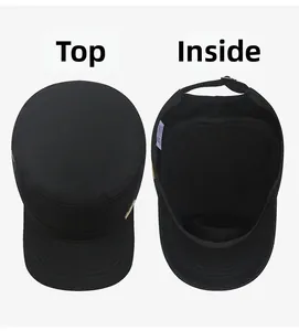 Detail view of cotton flat top cap showing crown structure and adjustable metal strap