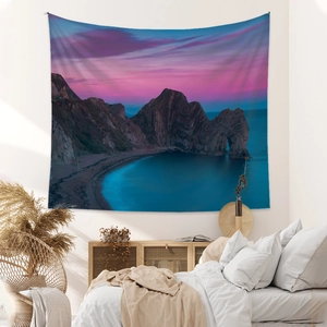Coastal cliff landscape wall tapestry in navy and purple for bohemian room decoration
