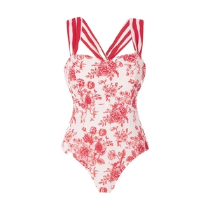 Dettaglio del costume intero a fiori con strisce rosse e motivo floreale vintage